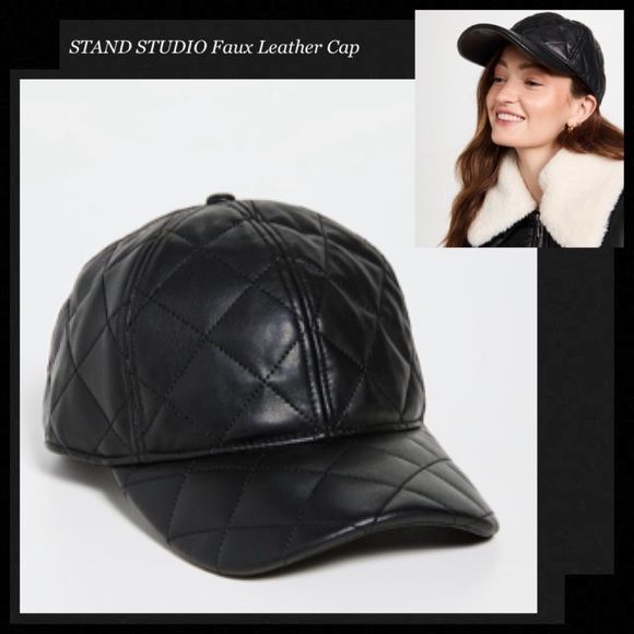 Stand Studio Accessories - STAND STUDIO Black Faux Leather Quilted Cap